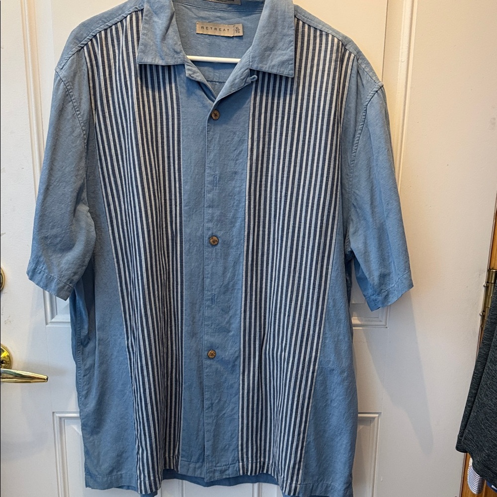 Retreat Light Blue Vertical-Stripe Short-Sleeve Silk Blend Button-Down Shirt